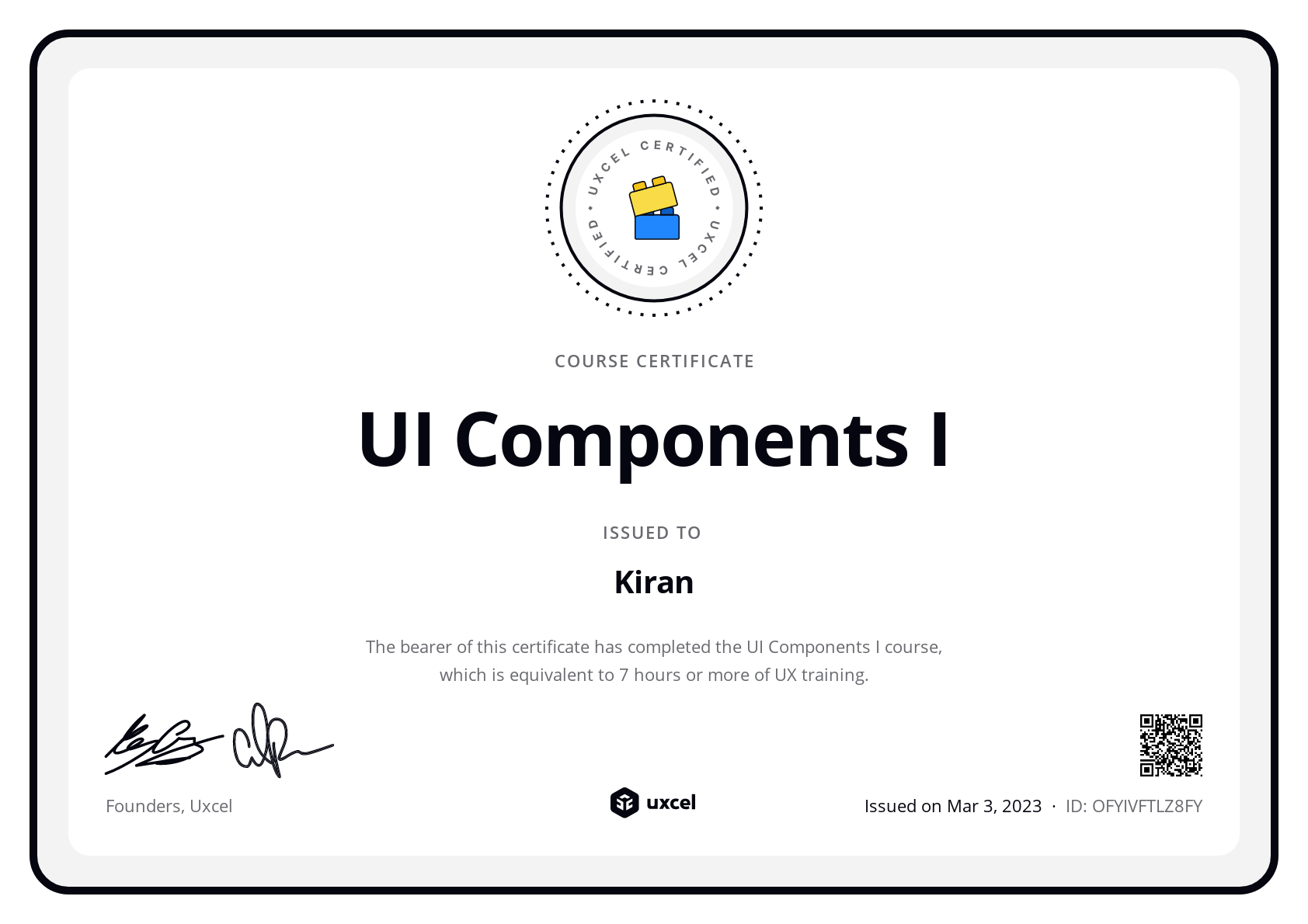 Kiran's certificate